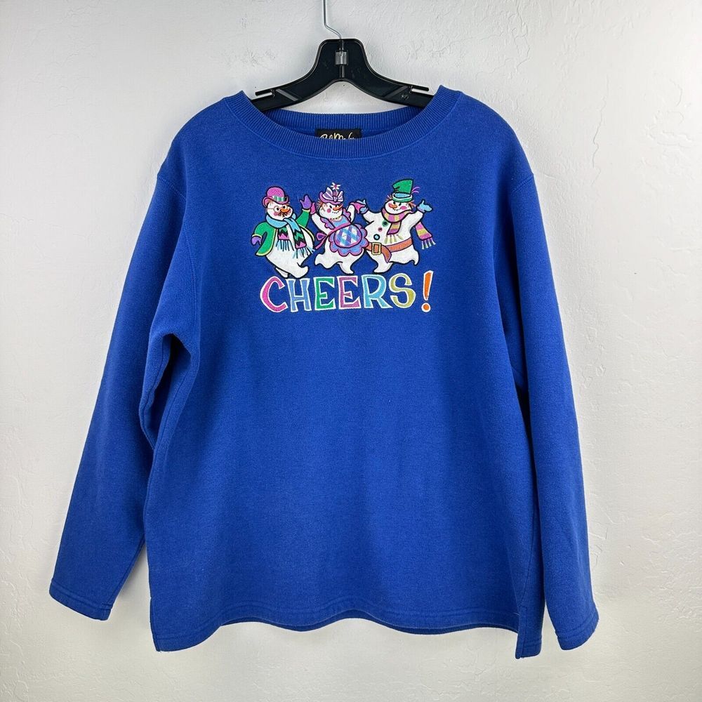 Vintage Bob Mackie Sweatshirt Womens L Blue Fleece Embroidered Snowman‎ Cheers